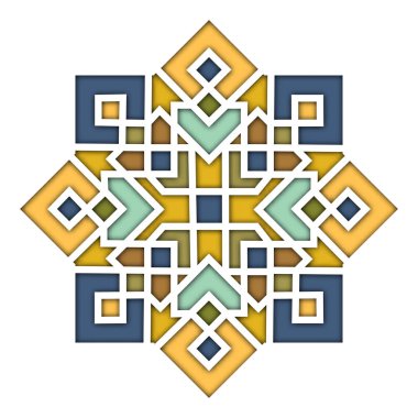 Arabesk Doğu desen, İslam tarzı, oryantal renkli vitray skeç. Gösterim amacıyla Eid Mubarak, caminin Dekoratif Karo 3d. İspanya, Türkiye, Meksika motifi.