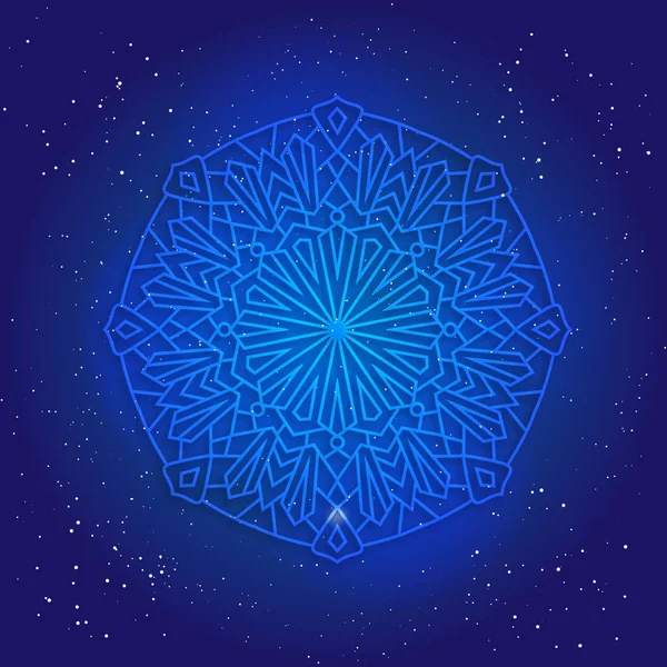 Szakrális geometria 3d design. Mandala, arabesque, a mély kék kozmikus égen csillagok. — Stock Vector