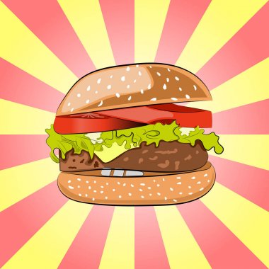 Hamburger veya Burger salata, peynir, Dana et pirzola ve domates. Çizgi film tarz-Fast Food-lezzetli çizburger.