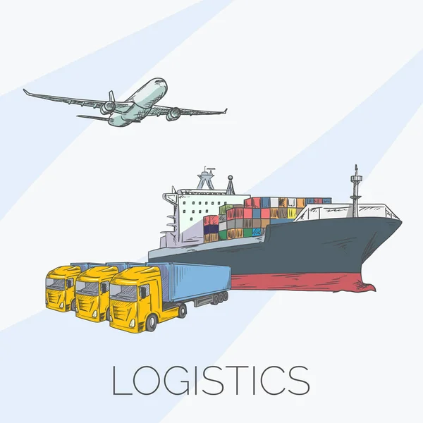 物流标志与飞机、 卡车、 集装箱、 船舶 — 图库矢量图片