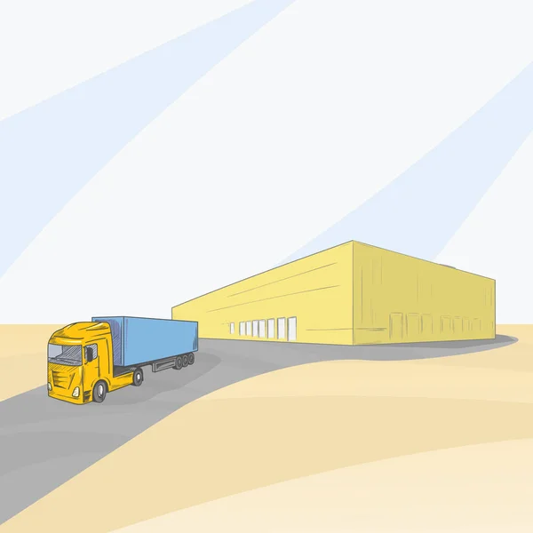 컨테이너 트럭과 물류 스케치 기호 — 스톡 벡터