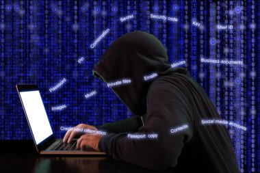 Hacker özel bilgi--dan bir defter cybersecurit ayıklar.