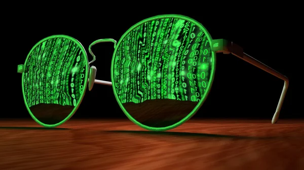 Concepto de ciberseguridad con gafas de sol que reflejan matriz verde sc —  Fotos de Stock