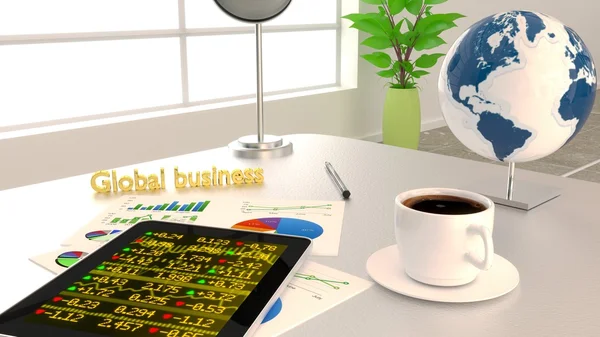 Global business office desk tablet charts — Stock fotografie