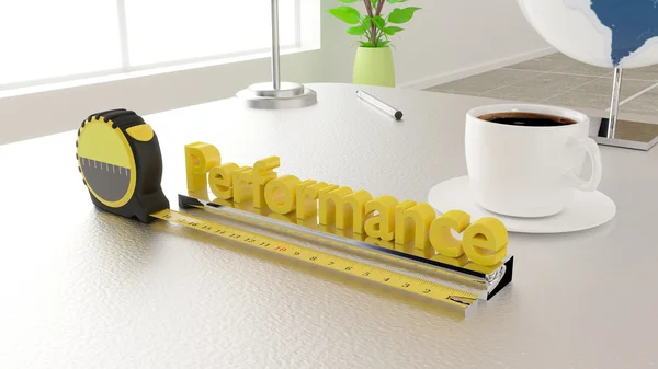 Measure performance office concept with tape and 3D text — Stockfoto