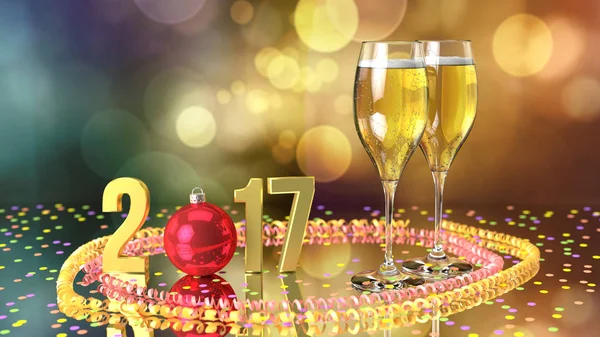 Feliz año nuevo 2017 con champán y confeti — Foto de Stock