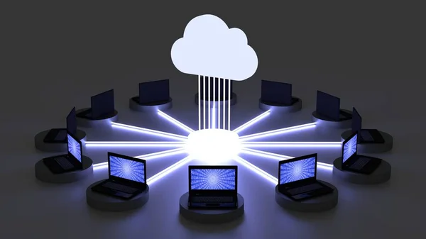 Conceito de computação em nuvem com laptops conectados — Fotografia de Stock