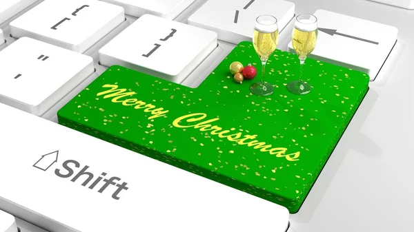 Teclado branco com teclas planas com a tecla enter em verde mostrando Feliz Natal e dois copos de champanhe — Fotografia de Stock