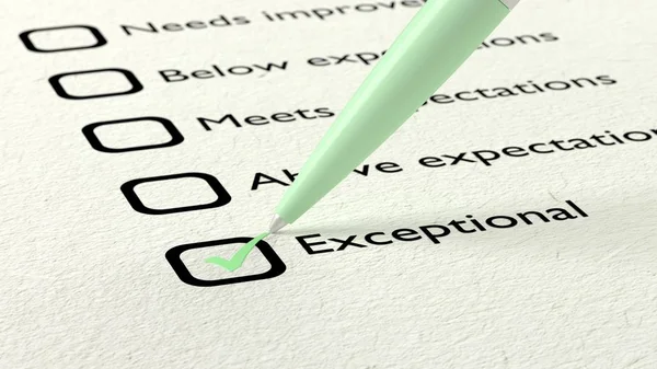 Green ball pen crossing off excellent on a performance evaluatio — Stock Photo, Image