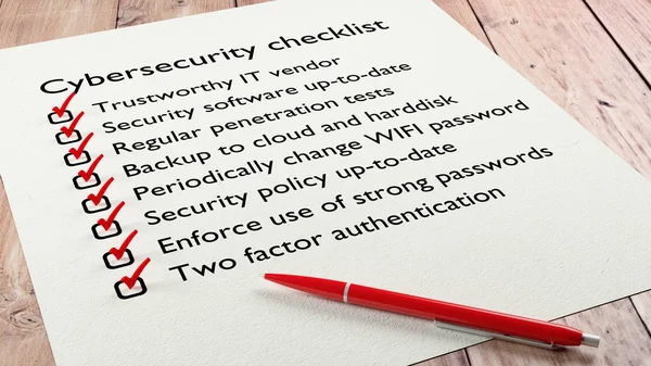 Cybersecurity checklist paper and red pen — Stock Photo, Image