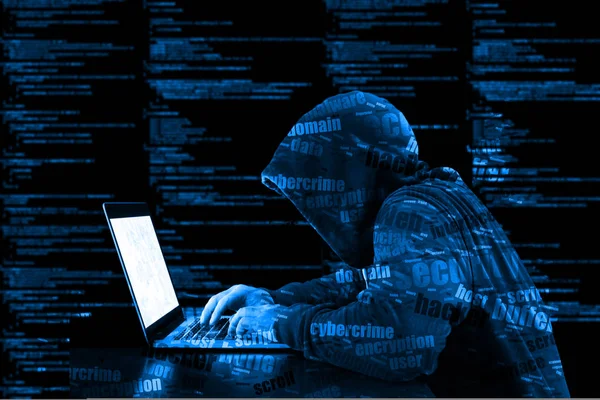 Hoody hacker cybersecurity blue computer code information securi — Stock Photo, Image