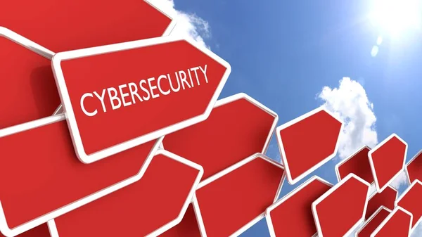 Rode pijlen met het woord cyberveiligheid zonnige dag — Stockfoto