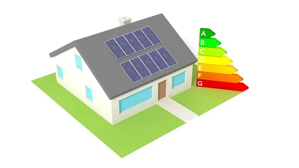 Dom z paneli słonecznych na dachu obok gr efektywności energetycznej — Zdjęcie stockowe