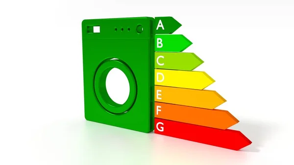 Lavadora verde junto a un gráfico de eficiencia energética —  Fotos de Stock