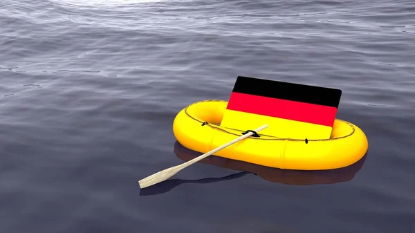 Duitse vlag zwemmen in een gele rubberboot dobbert alleen — Stockfoto