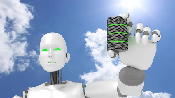 Женщина-робот представляет зеленый светящийся сервер — стоковое фото