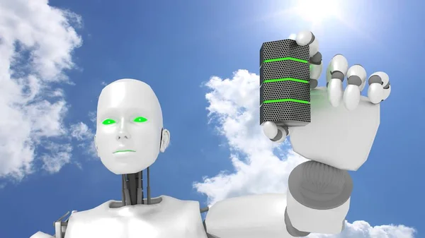 Female robot presents green glowing server