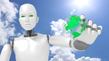 Güneşli gökyüzü önünde kadın robot yeşil küre tutan