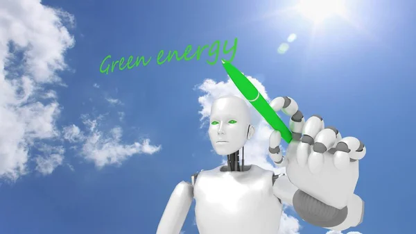 Robot femenino blanco escribe la palabra energía verde — Foto de Stock