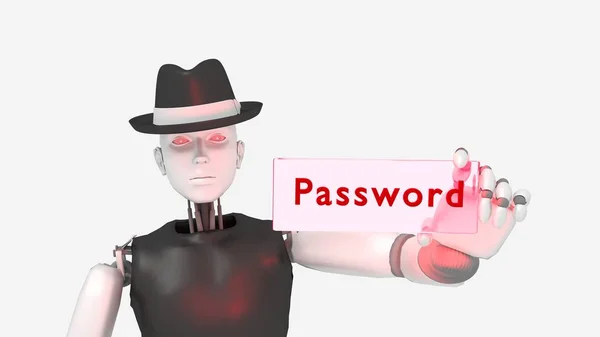 Женщина-хакер, робот в чёрной шляпе, держит стеклянный знак — стоковое фото