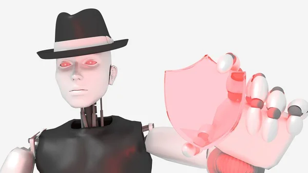 Robô hacker feminino segurando um símbolo de escudo de vidro — Fotografia de Stock