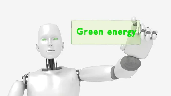 Robot femelle tenant un panneau de verre avec les mots énergie verte — Photo