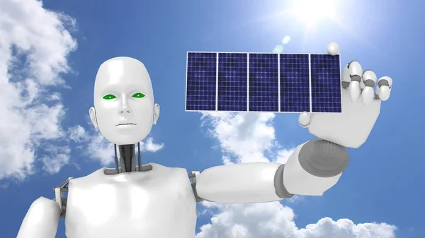 Robot femenino sosteniendo un panel solar frente al cielo azul — Foto de Stock