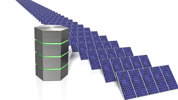 Larga fila de paneles solares junto a una supercomputadora verde brillante —  Fotos de Stock