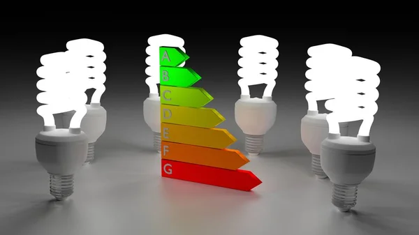 Bombillas de ahorro de energía alrededor del gráfico de eficiencia energética —  Fotos de Stock