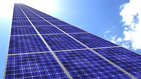 Solar panels flying towards blue sky with bright sun — Stock Photo, Image