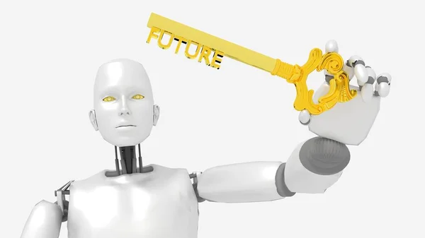 Робот представляет золотой ключ со словом "будущее" — стоковое фото