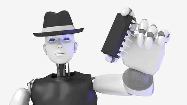 Жіночий хакер чорний капелюх робот тримає чип — стокове фото