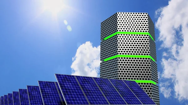 Groene gloeiende server naast zonnepanelen — Stockfoto