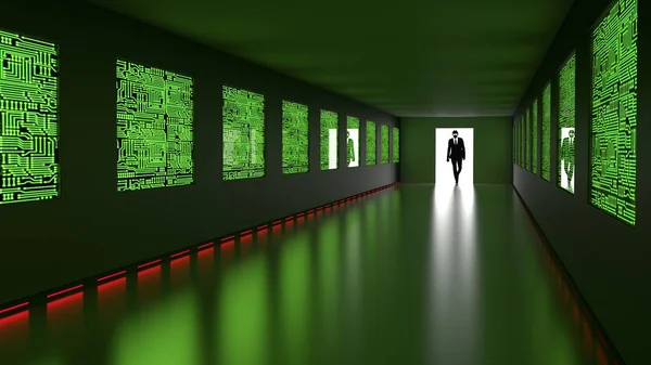 Hacker enters backdoor to server room with circuit screens — Stock Photo, Image