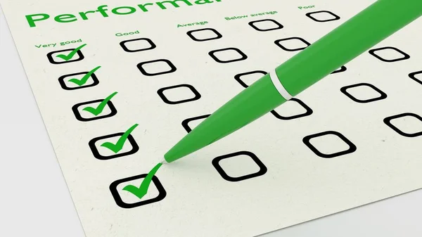 Green ball pen crossing off items on performance checklist — Stock Photo, Image