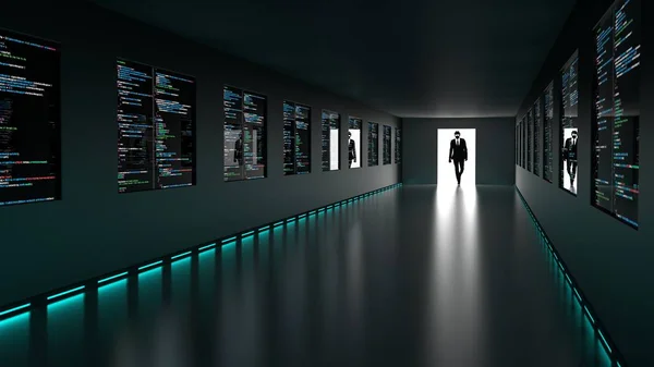 Hacker enters backdoor to server room with computercode screens — Stock Photo, Image