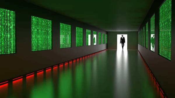 Hacker enters backdoor to server room with binary screens — Stock Photo, Image