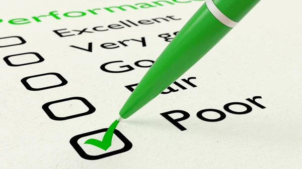 Green ball pen crossing off poor on performance checklist — Stock Photo, Image
