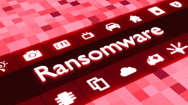 Ransomware çok semboller küp kırmızı zemin üzerine