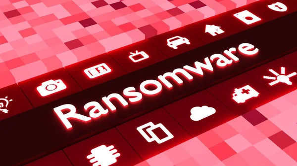 Ransomware iot symboler på kubisk rød baggrund - Stock-foto