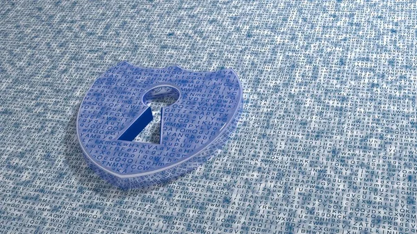 Blue metal shield on grunge random letter background — Stock Photo, Image