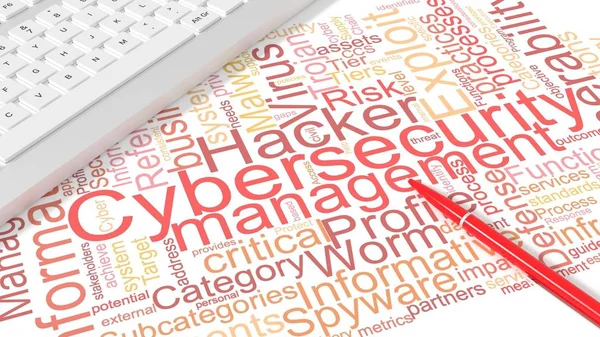 Cybersecurity tastiera wordcloud su scrivania bianca con penna — Foto Stock
