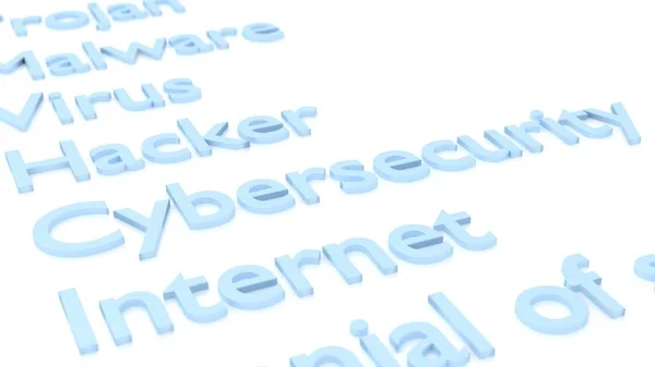 Liste over cybersecurity nøgleord i lyseblå på hvid - Stock-foto