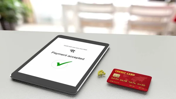 Мбаппе на столе, принимающий беспроводные платежи с кредитной карты — стоковое фото