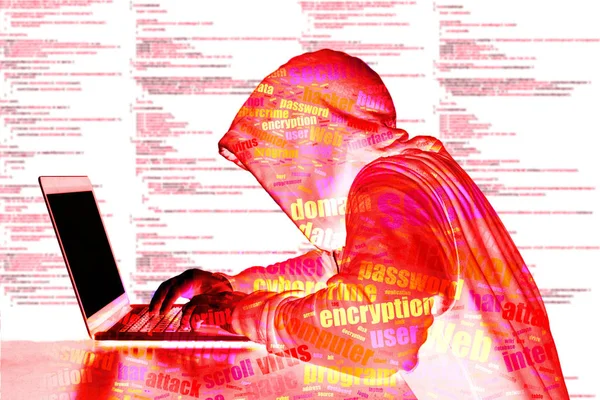Red bright hooded wordcloud hacker with computer code — Stock Photo, Image