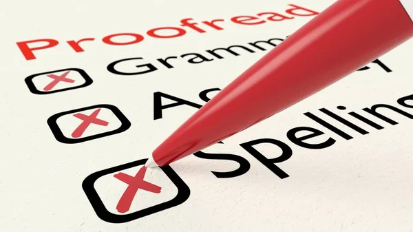 Lista de comprobación de las características de corrección precisión gramatical y ortografía en papel tachado por un bolígrafo rojo —  Fotos de Stock