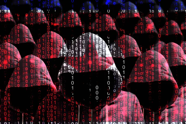 Група з капюшоном хакерів, що світяться через цифрову північну корейську f — стокове фото