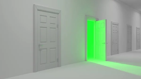 Сяючий зелене світло за білими дверима в коридорі — стокове фото