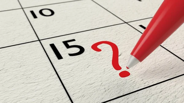 Red ball pen drawing a question mark into a calendar — Stock Photo, Image