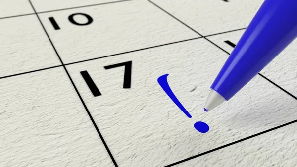 Bolígrafo azul dibujando un signo de exclamación en un calendario — Foto de Stock